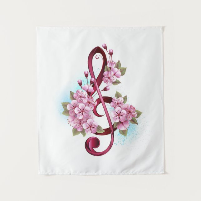 Musical treble clef notes with Sakura flowers Tapestry (Front)