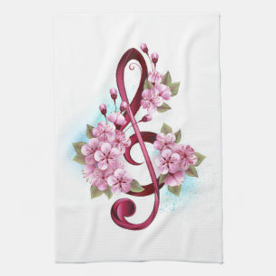 Musical treble clef notes with Sakura flowers Tea Towel