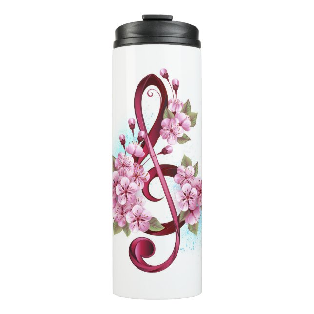 Musical treble clef notes with Sakura flowers Thermal Tumbler (Front)