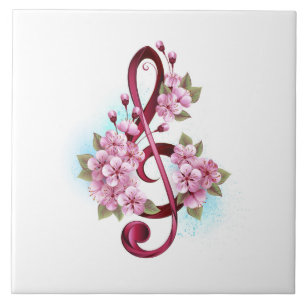 Musical treble clef notes with Sakura flowers Tile