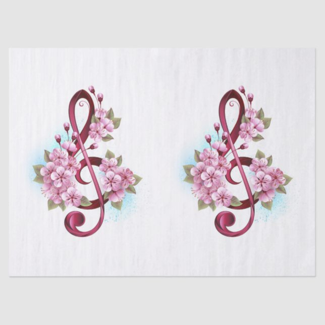 Musical treble clef notes with Sakura flowers Tissue Paper (Front)