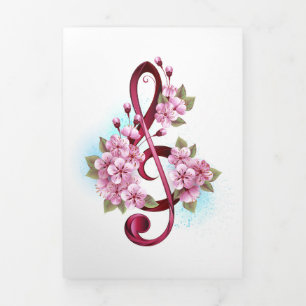 Musical treble clef notes with Sakura flowers Tri-Fold Announcement