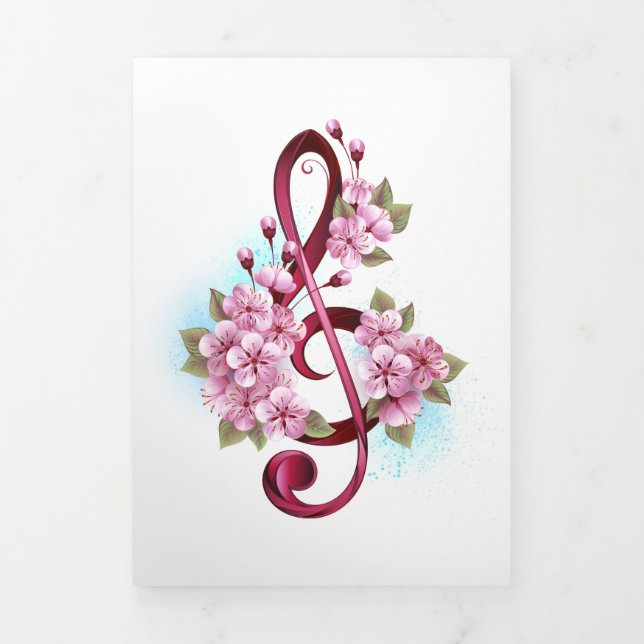 Musical treble clef notes with Sakura flowers Tri-Fold Card (Cover)