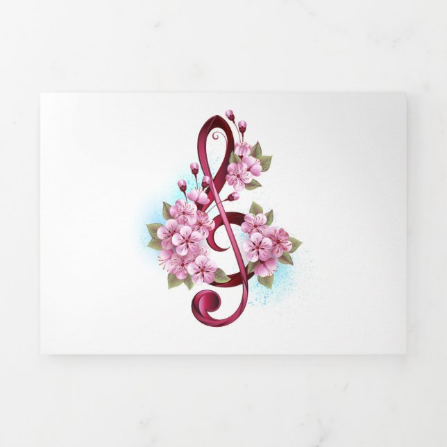 Musical treble clef notes with Sakura flowers Tri-Fold Holiday Card (Cover)