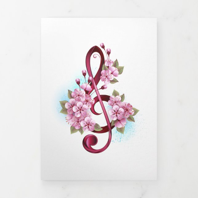 Musical treble clef notes with Sakura flowers Tri-Fold Programme (Cover)