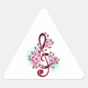 Musical treble clef notes with Sakura flowers Triangle Sticker