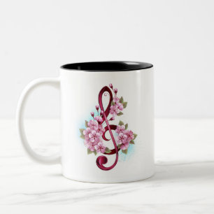 Musical treble clef notes with Sakura flowers Two-Tone Coffee Mug