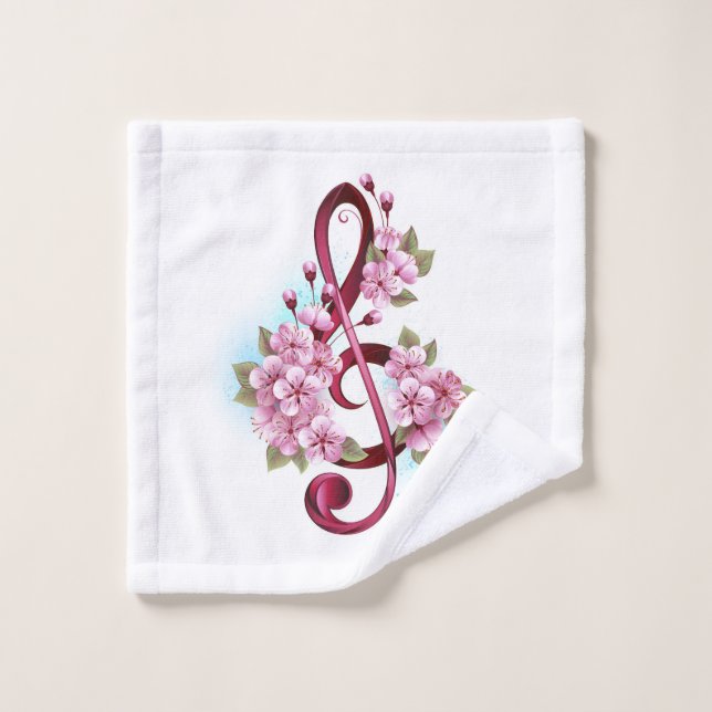 Musical treble clef notes with Sakura flowers Wash Cloth (Wash Cloth)