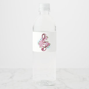 Musical treble clef notes with Sakura flowers Water Bottle Label