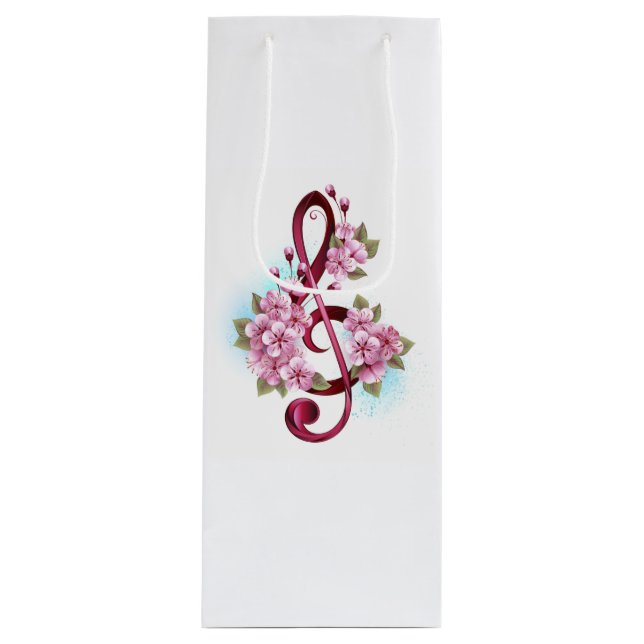 Musical treble clef notes with Sakura flowers Wine Gift Bag (Front)
