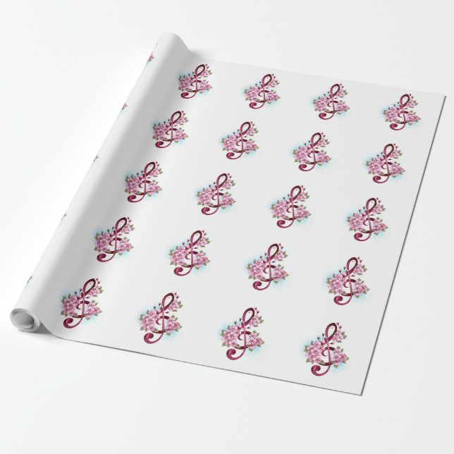 Musical treble clef notes with Sakura flowers Wrapping Paper (Unrolled)