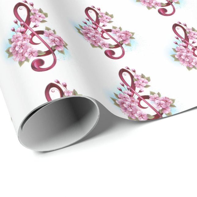 Musical treble clef notes with Sakura flowers Wrapping Paper (Roll Corner)