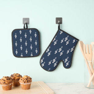 Musical Treble Clef Pattern Navy Blue Oven Mitt & Pot Holder Set