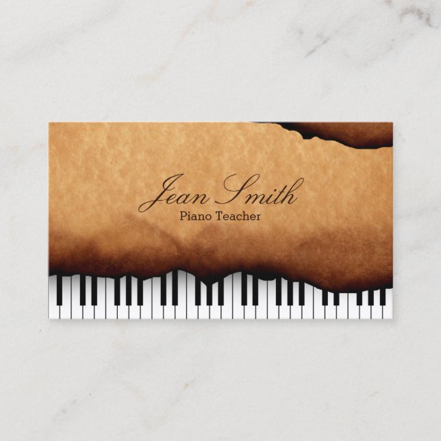 Musical Vintage Old Paper Piano Teacher Business Card (Front)