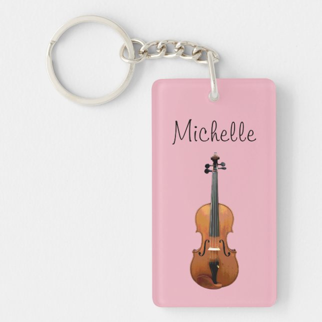 Musical Violin Cute Pink Personalised Key Ring (Front)