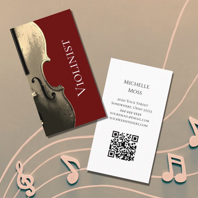 Musical Violin Performer QR code Red Minimalist   Business Card (Creator Uploaded)