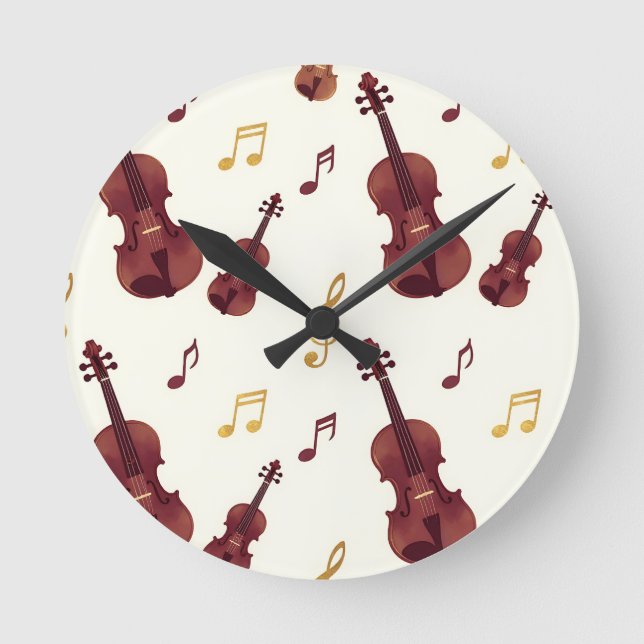 Musical Violins Seamless Pattern Round Clock (Front)