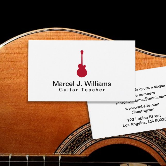 Musician Acoustic Red Guitar Modern White Business Card (Creator Uploaded)
