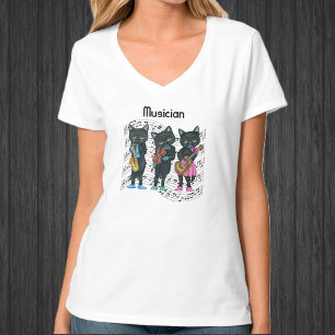 Musician Black Cats Green Eyes Instruments Music T-Shirt