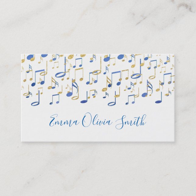 musician blue and faux gold foil notes business card (Front)