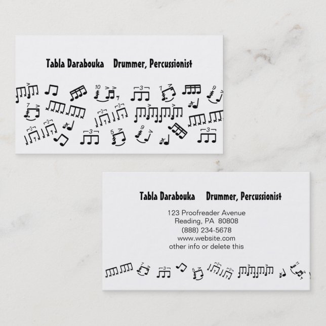 Musician Business Cards Percussion Drummer Notes (Front/Back)