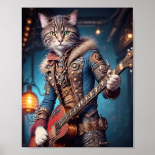 Musician cat in blu steampunk dress playing guitar poster