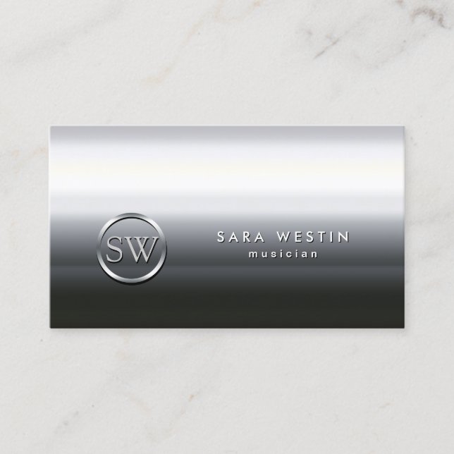 Musician Chrome Texture Monogram Business Card (Front)