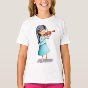Musician Girl Playing Violin Illustrated T-Shirt