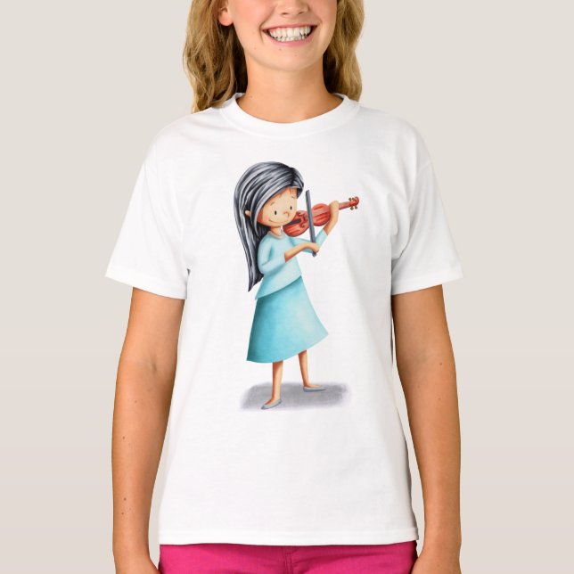 Musician Girl Playing Violin Illustrated T-Shirt (Front)