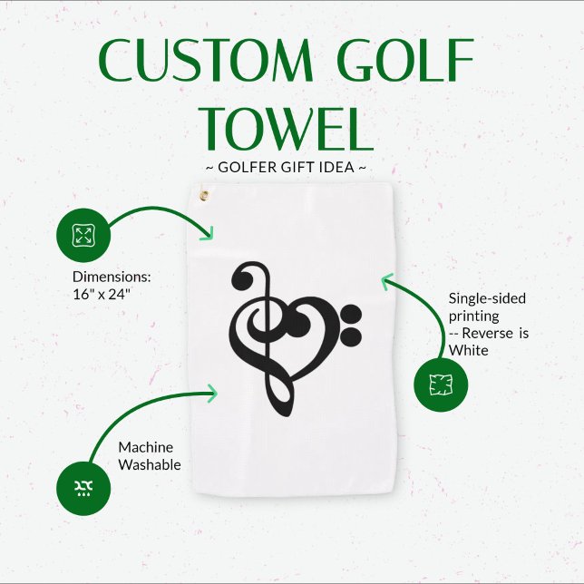 Musician Music Heart - Treble Bass Clef Golf Towel (Music Heart Golf Towel)