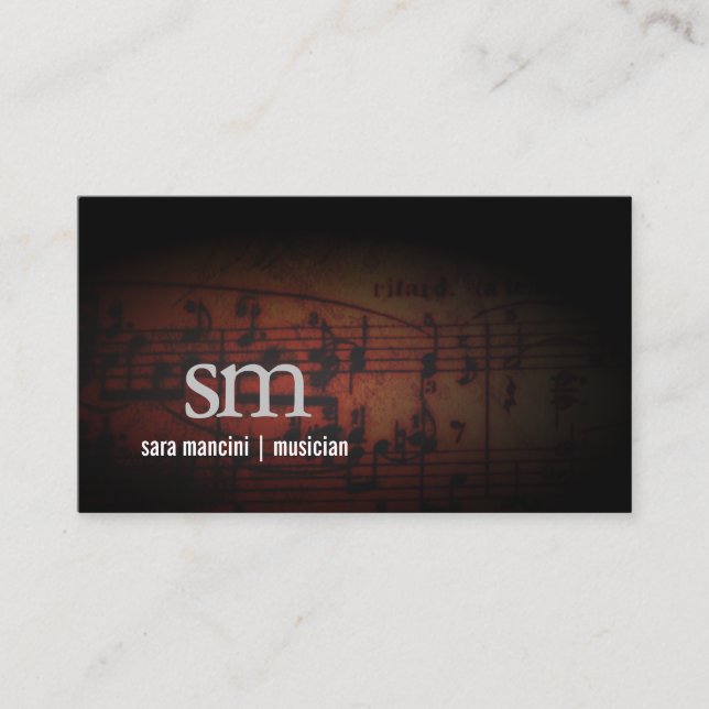Musician Music Notes Grunge Monogram Music Business Card (Front)
