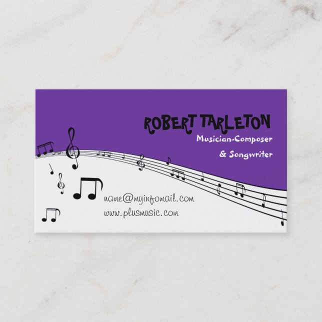 Musician music pentagram purple, white black business card (Front)