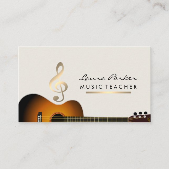 Musician Music Teacher Guitar Music Note Gold Business Card (Front)