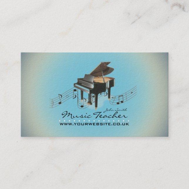Musician/Music Teacher (Piano 1) Blue BG Business Card (Front)