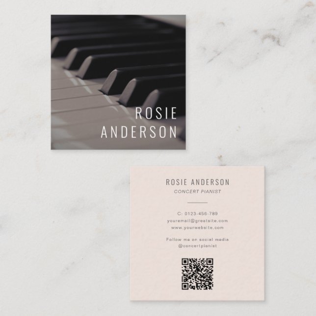 Musician QR Code Piano Keys Modern Blush Pink Square Business Card (Front/Back)