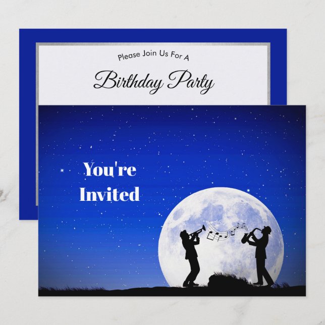 Musicians Blue Full Moon Birthday Invitation (Front/Back)