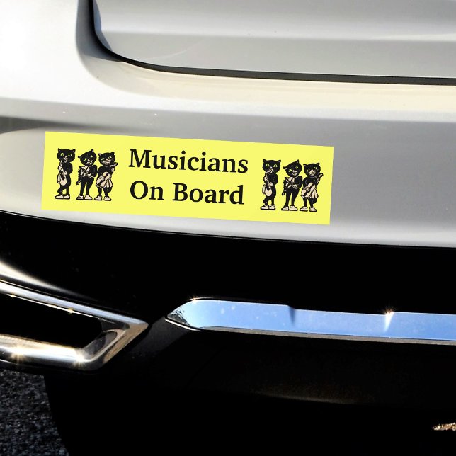 Musicians on Board Vintage Black Cats Bumper Sticker (Black cat musicians playing musical instruments on bright yellow bumper sticker for your car.)
