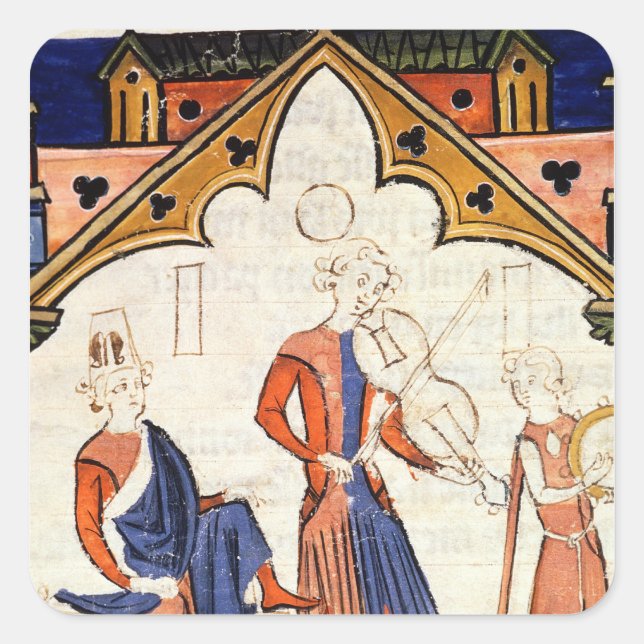 Musicians Playing a Viola and a Tambourine Square Sticker (Front)