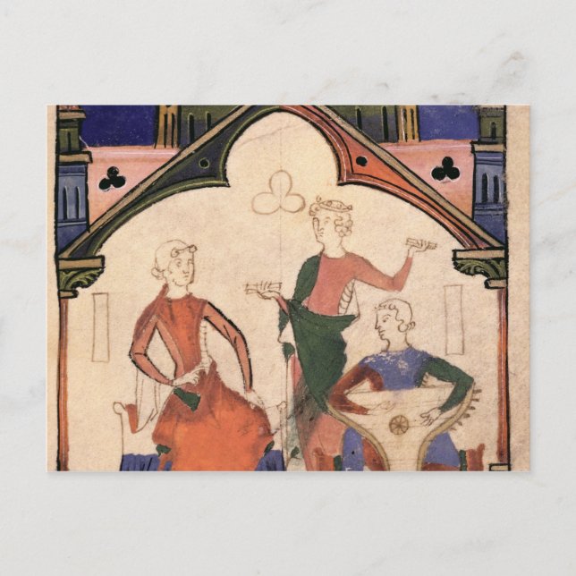 Musicians playing castanets and a psaltery postcard (Front)