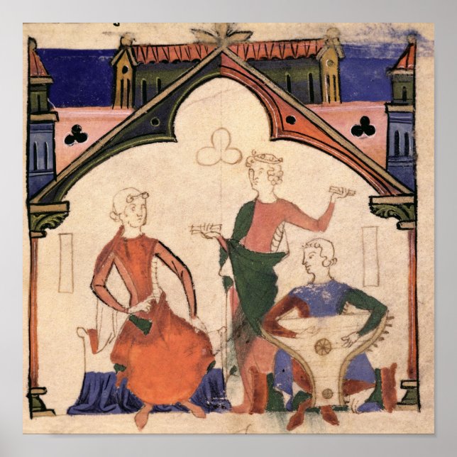 Musicians playing castanets and a psaltery poster (Front)