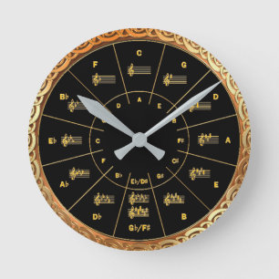 Music's Circle of Fifths in Gold and Black Round Clock