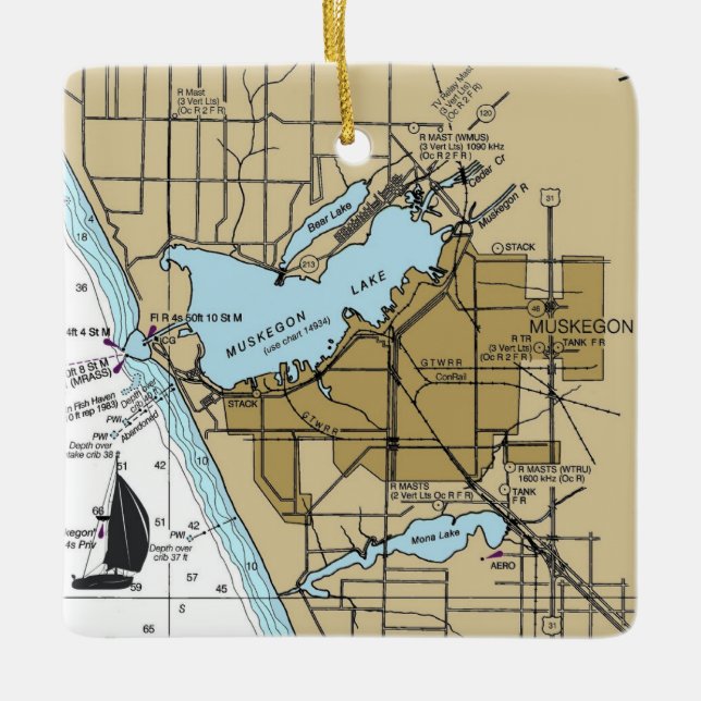 Muskegon MI Nautical Chart Ceramic Ornament (Front)