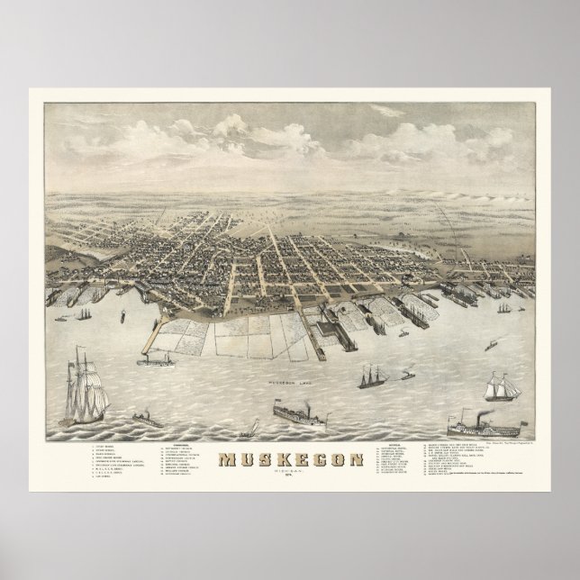 Muskegon, MI Panoramic Map -1874 Poster (Front)