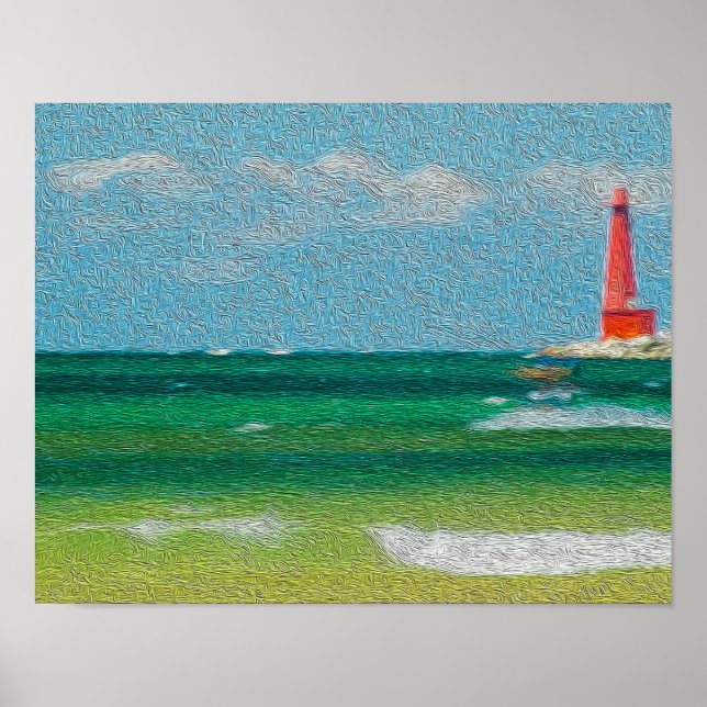 Muskegon, Michigan beach & lighthouse (oil paint) Poster (Front)