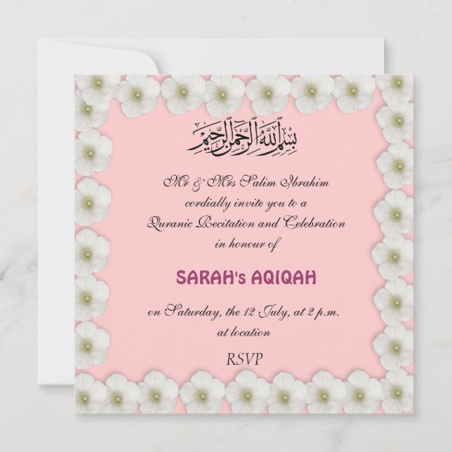 Muslim baby girl Aqiqah Invitation (Front)