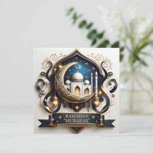 Muslim Eid Mubarak Crescent Moon Mosque Golden  Holiday Card