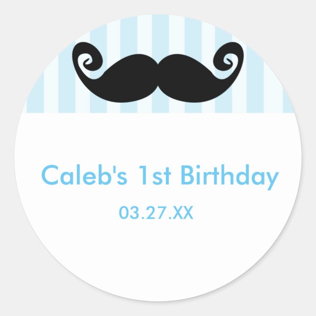 MUSTACHE Blue Stripe White birthday party sticker (Front)