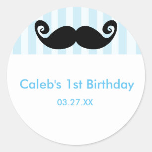 MUSTACHE Blue Stripe White birthday party sticker