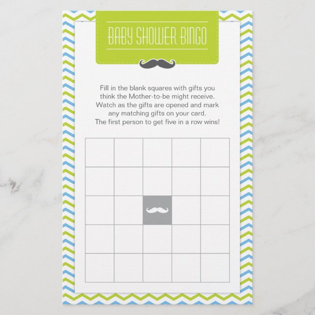 Mustache / Little Man Baby Shower Bingo Game Card (Front)