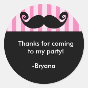 MUSTACHE Pink Stripe Black birthday party sticker